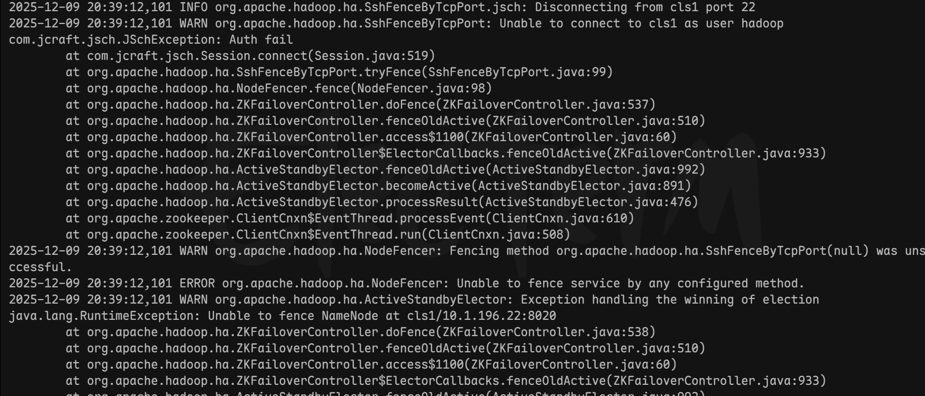 hadoop高可用配置权限异常 Unable to fence NameNode at cls1/10.1.196.22:8020