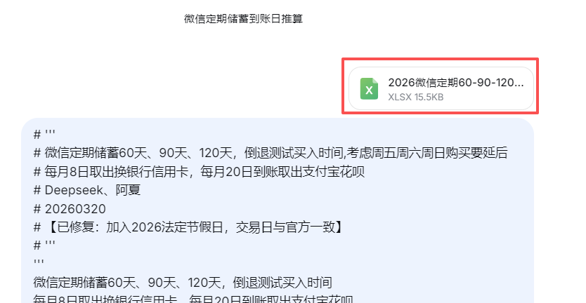 【理财类-01-04】20260321“微信”定期60天、90天、120天,倒退计算最适合买入的日期,在每月8日和每月20日准时到账还款(与理财系统一致)