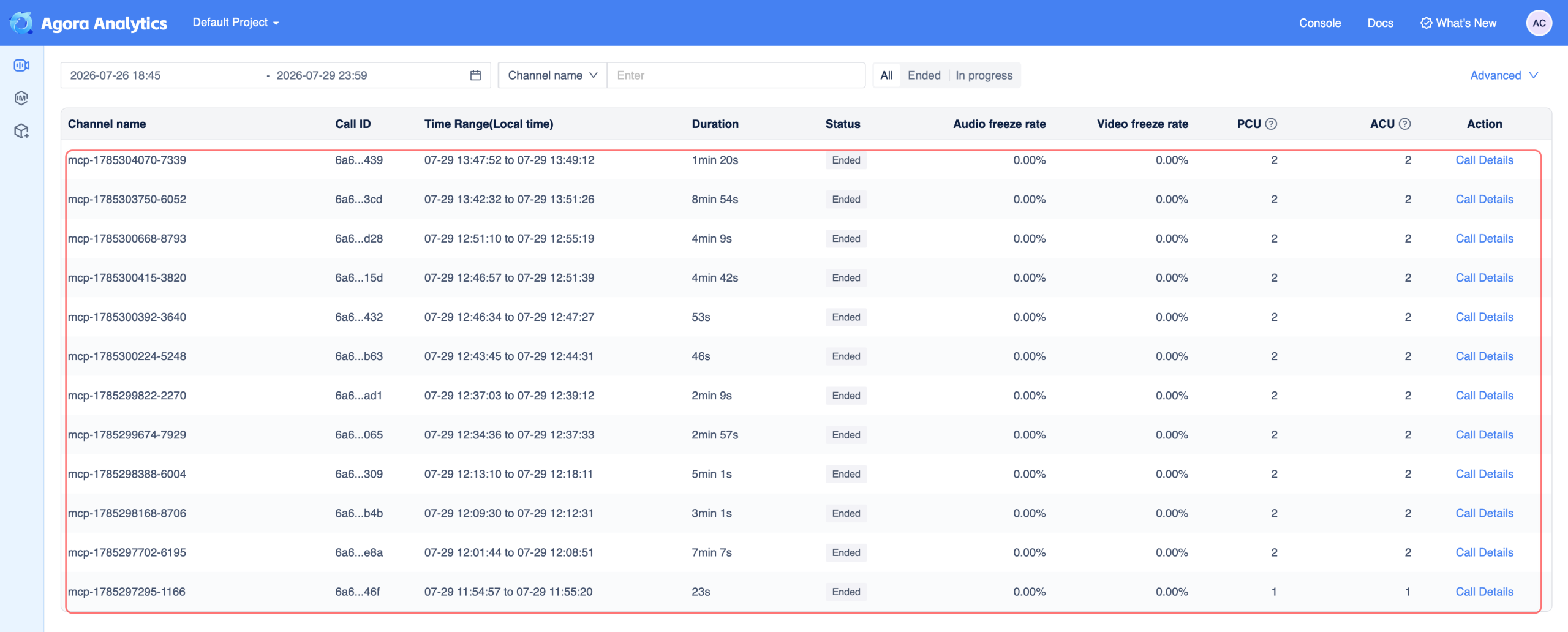 Agora Analytics 中的 mcp 频道调用记录